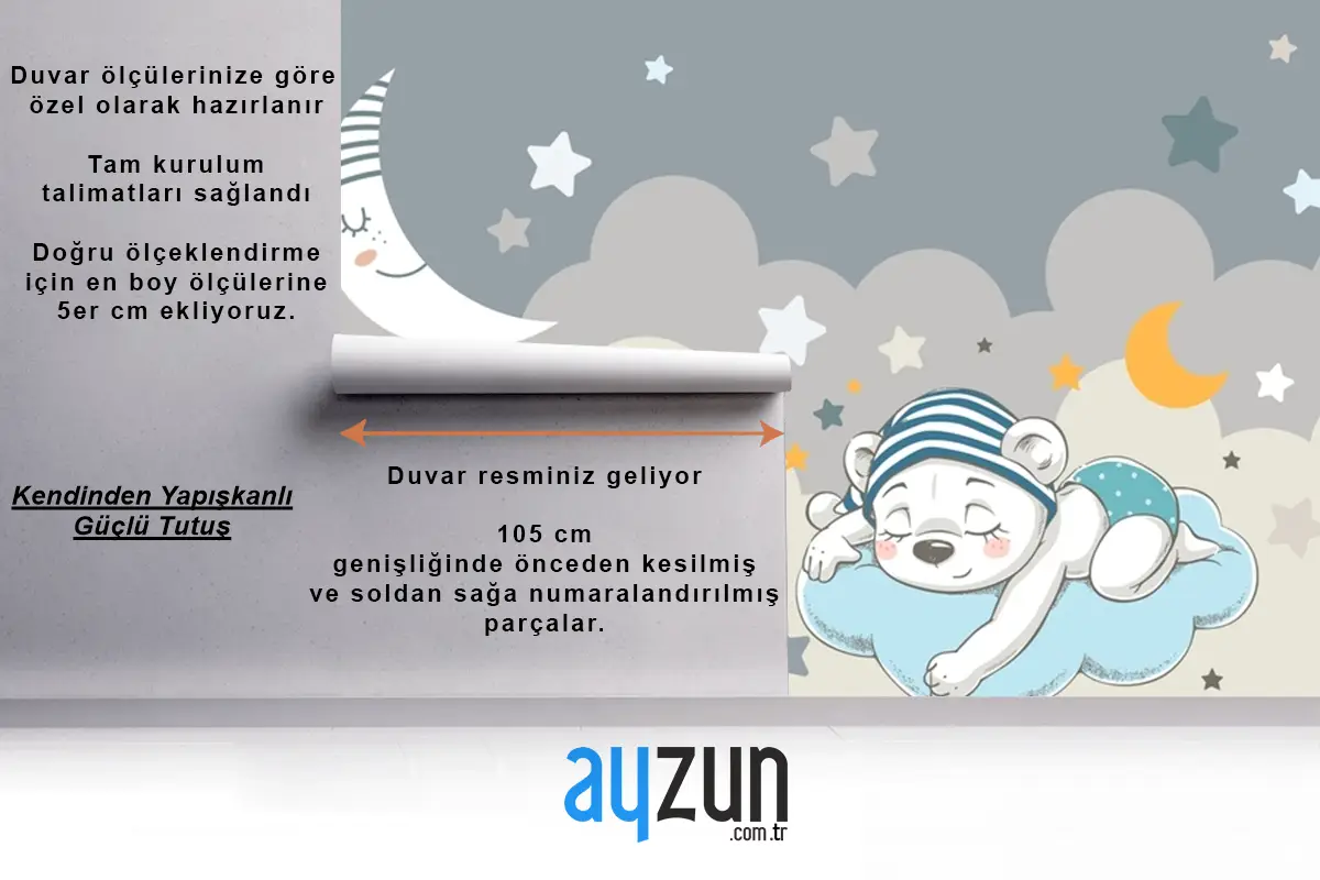 Ay Ve Yıldızlar Tüylü Bulutlar Teddy Ayılar Bebek Çocuk Odası Duvar Kağıdı