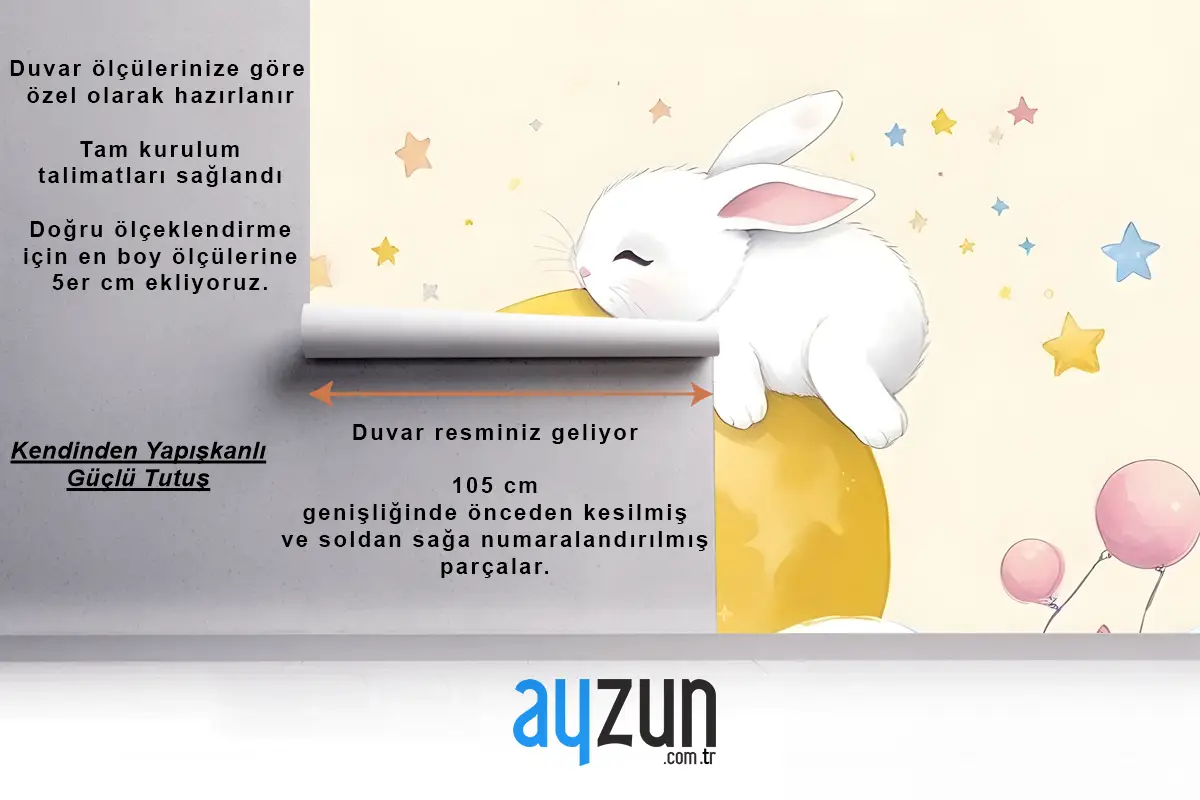 Bebek Karikatür Tavşan Ve Sarı Ay Çocuk Odası Duvar Kağıdı