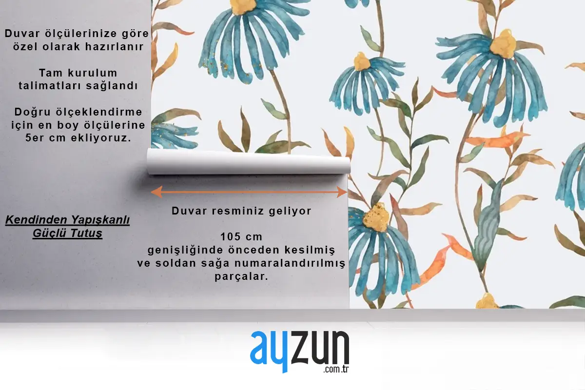 Mavi Suluboya Çiçekli Çiçek Desenli Arka Plan Duvar Kağıdı