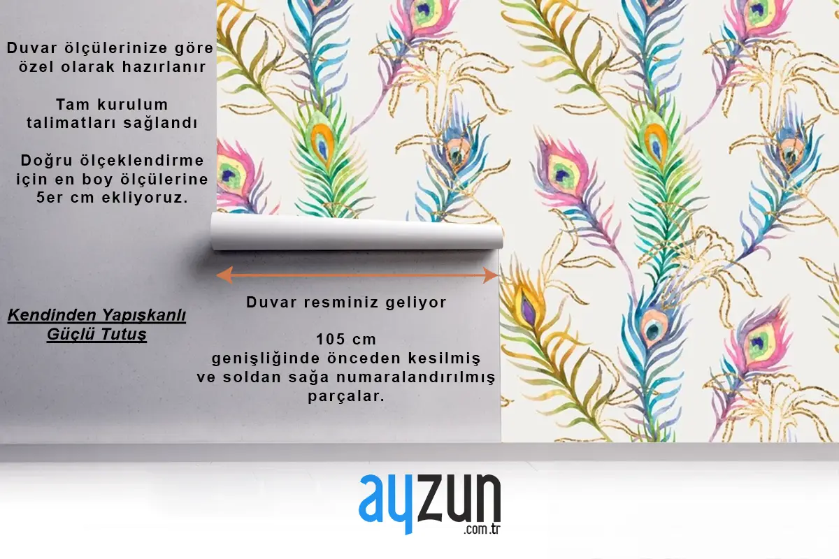 Tavus Kuşu Tüyü Renkli Suluboya Desen Yemek Odası Duvar Kağıdı Duvar Arka Planı