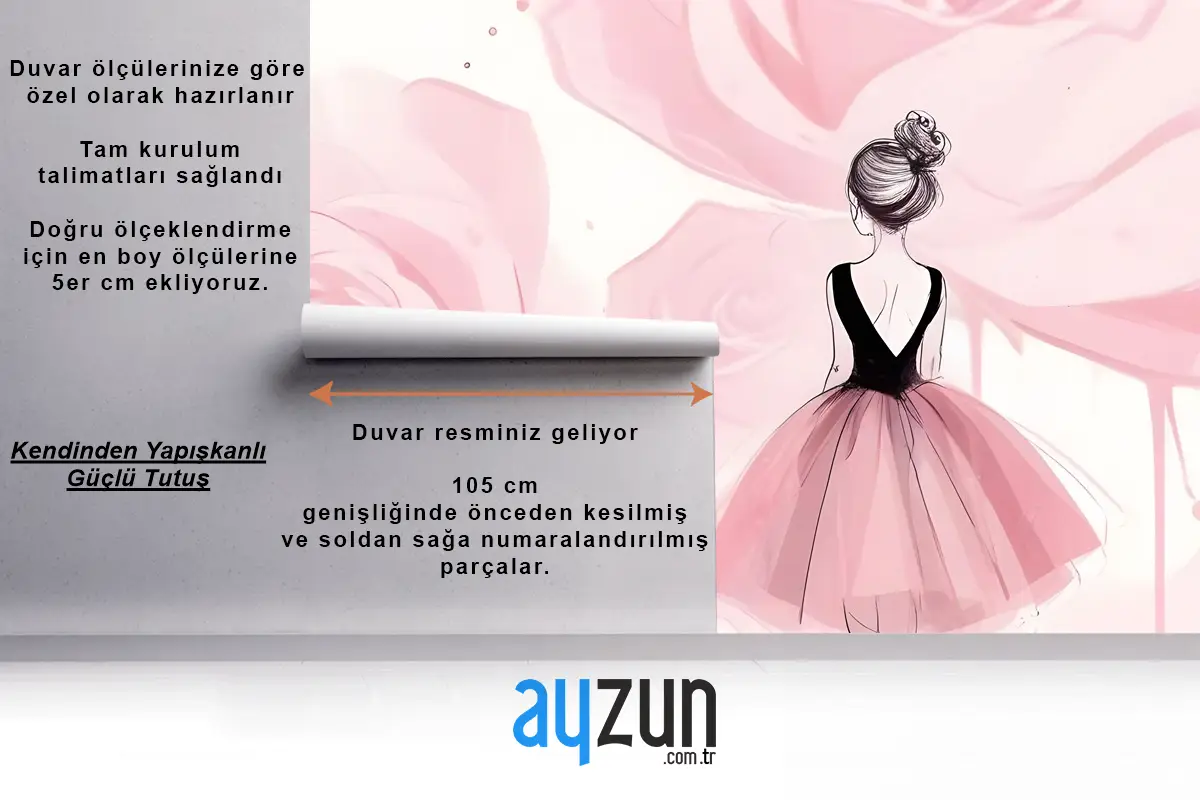 Balerin Kız Ve Pembe Güller Çocuk Odası Duvar Kağıdı