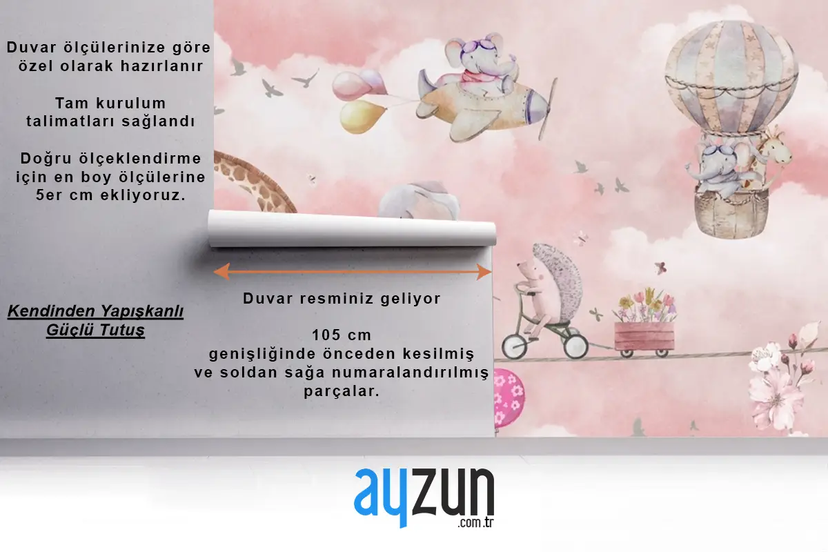 Balonlu Bisikletli Hayvanlar Suluboya Pembe Çocuk Odası Duvar Kağıdı