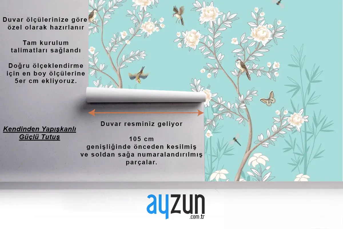 Şakayık Ve Kuşlarla Chinoiserie  Turkuaz Duvar Kağıdı