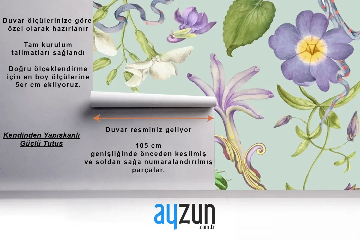 Yeşil Duvar Kağıdı Duvarında Güzel Mor Çiçek Desenli