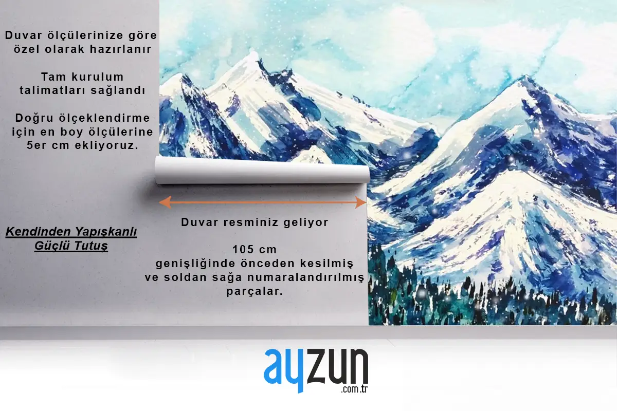 Suluboya Arka Planda Güzel Kış Manzarası Çocuk Odası Duvar Kağıdı