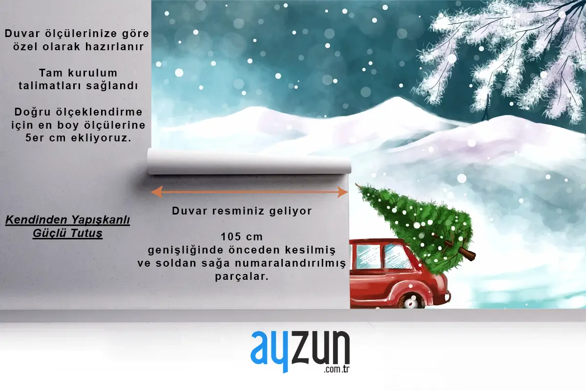 Karlı Noel Ağacında Arabayla Güzel Kış Manzarası Çocuk Odası Duvar Kağıdı