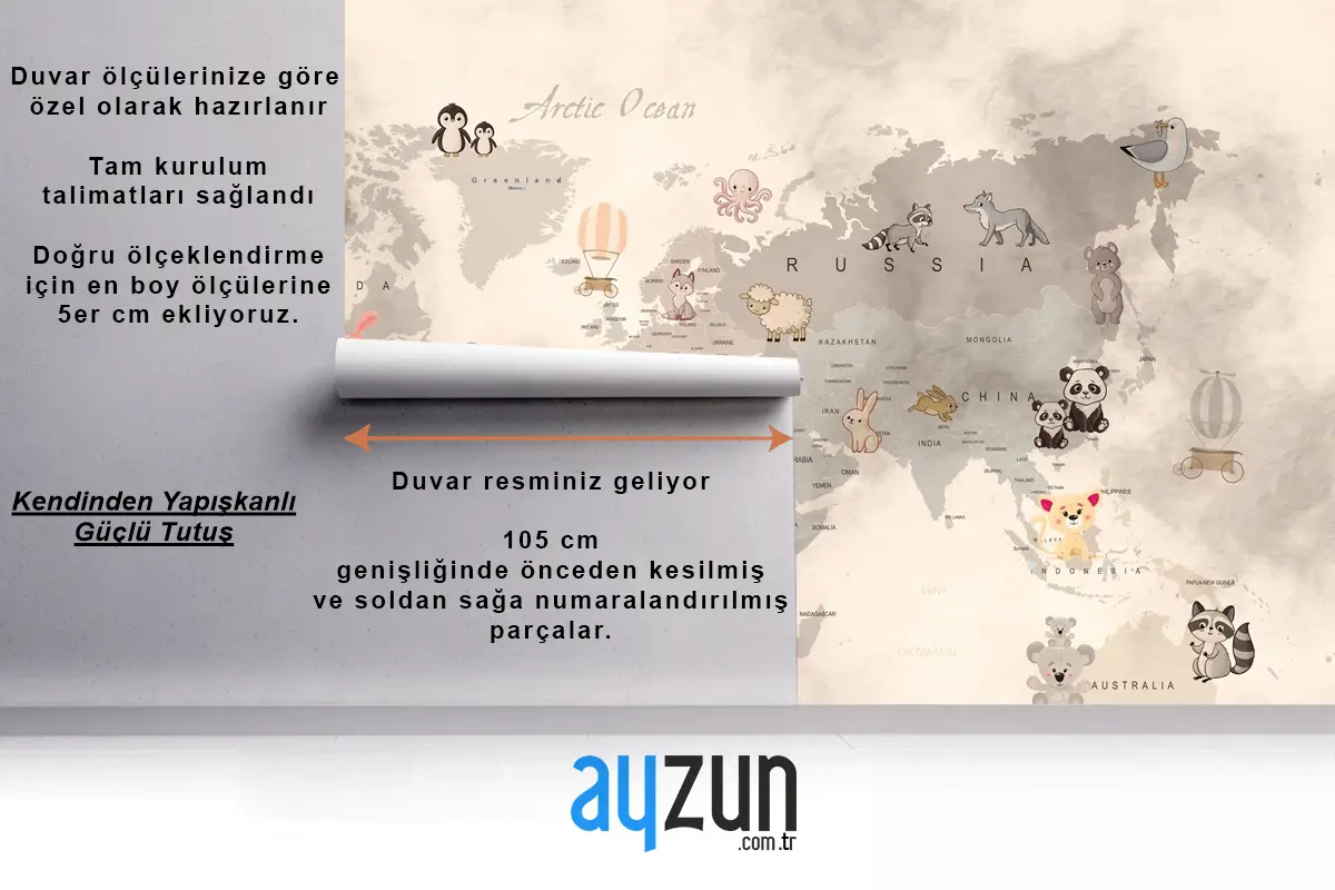 Bebek Hayvanlar Dünya Haritası Eğitici Çocuk Odası Duvar Kağıdı