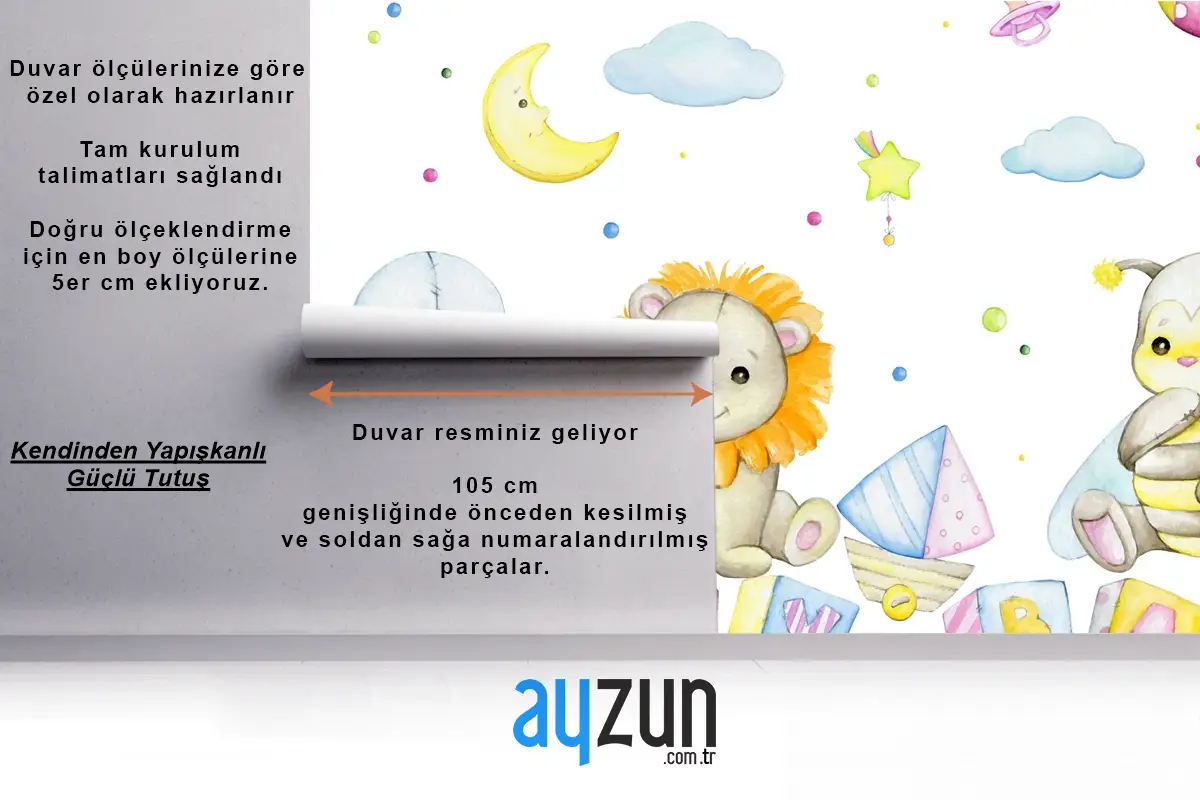 Arı Aslan Mühür Küpleri Harflerle Ay Yıldız Bulutlar Çocuk Odası Duvar Kağıdı