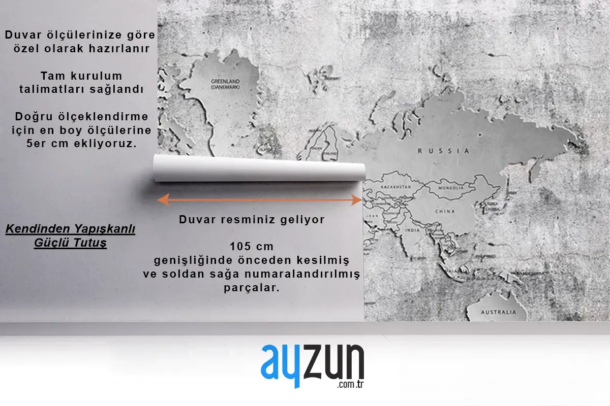 Beton Zemin Kabartma Dünya Haritası Duvar Kağıdı