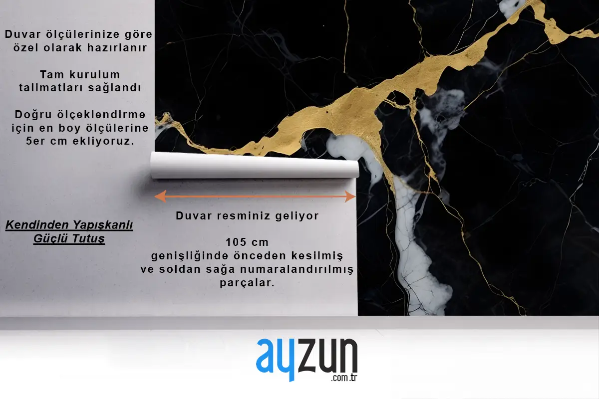Siyah & Altın Koyu Mermer Efektli Banyo Duvar Kağıdı
