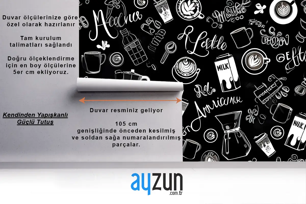 Siyah & Beyaz Kahve Fincanı Desen Mutfak Duvar Kağıdı