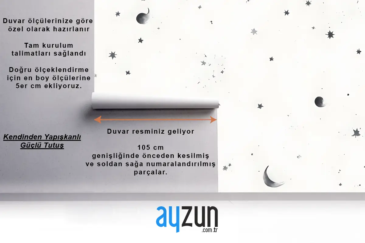 Siyah & Beyaz Ay Ve Yıldızlar Yatak Odası Duvar Kağıdı