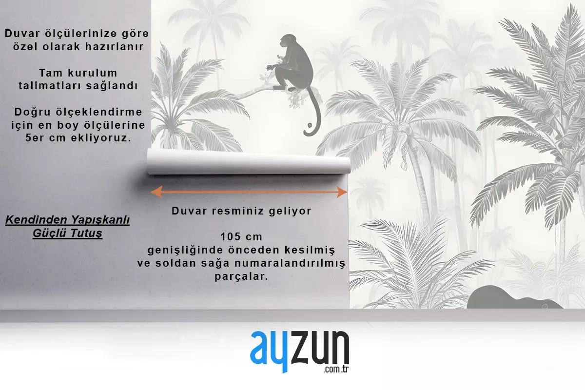 Siyah Beyaz Orman Palmiye Ağaçları Çiçekler Hayvan Siluetleri Oturma Odası Salon Duvar Kağıdı