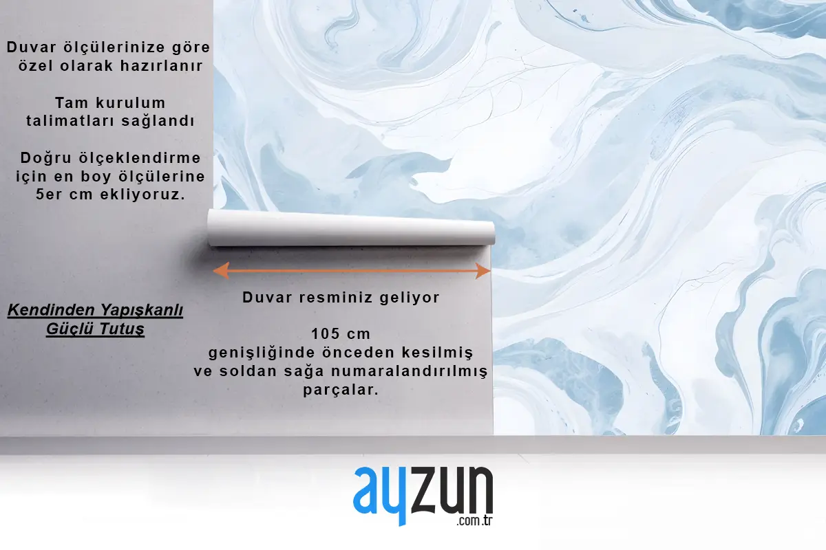 Mavi & Beyaz Mermerize Yatak Odası Duvar Kağıdı