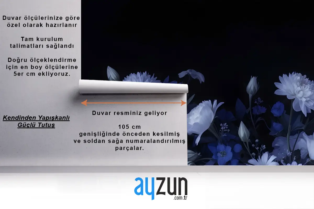 Mavi Delft Koyu Çiçek Sanatı Resim Yatak Odası Duvar Kağıdı