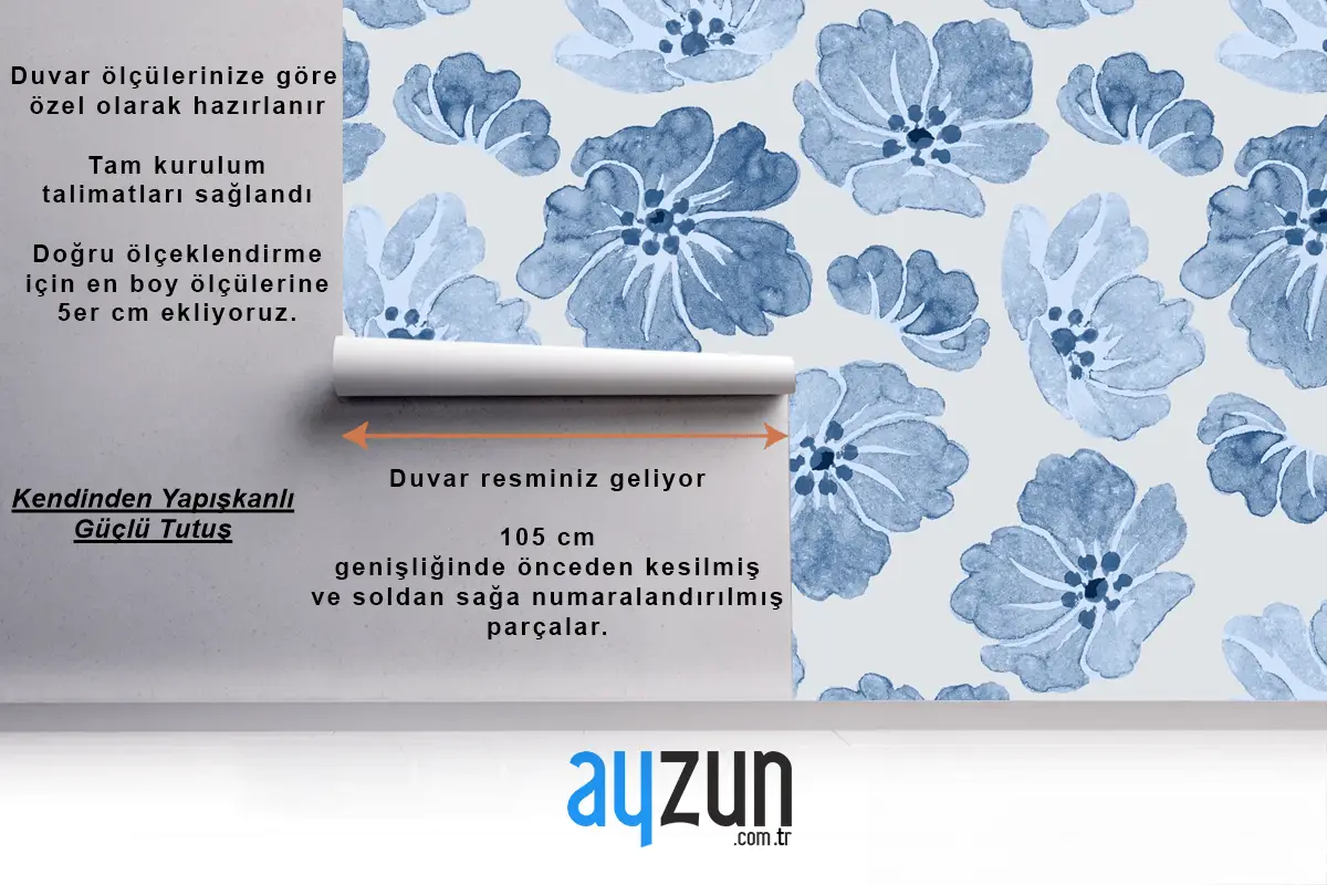 Mavi Çiçek Desenli Vintage Banyo Duvar Kağıdı