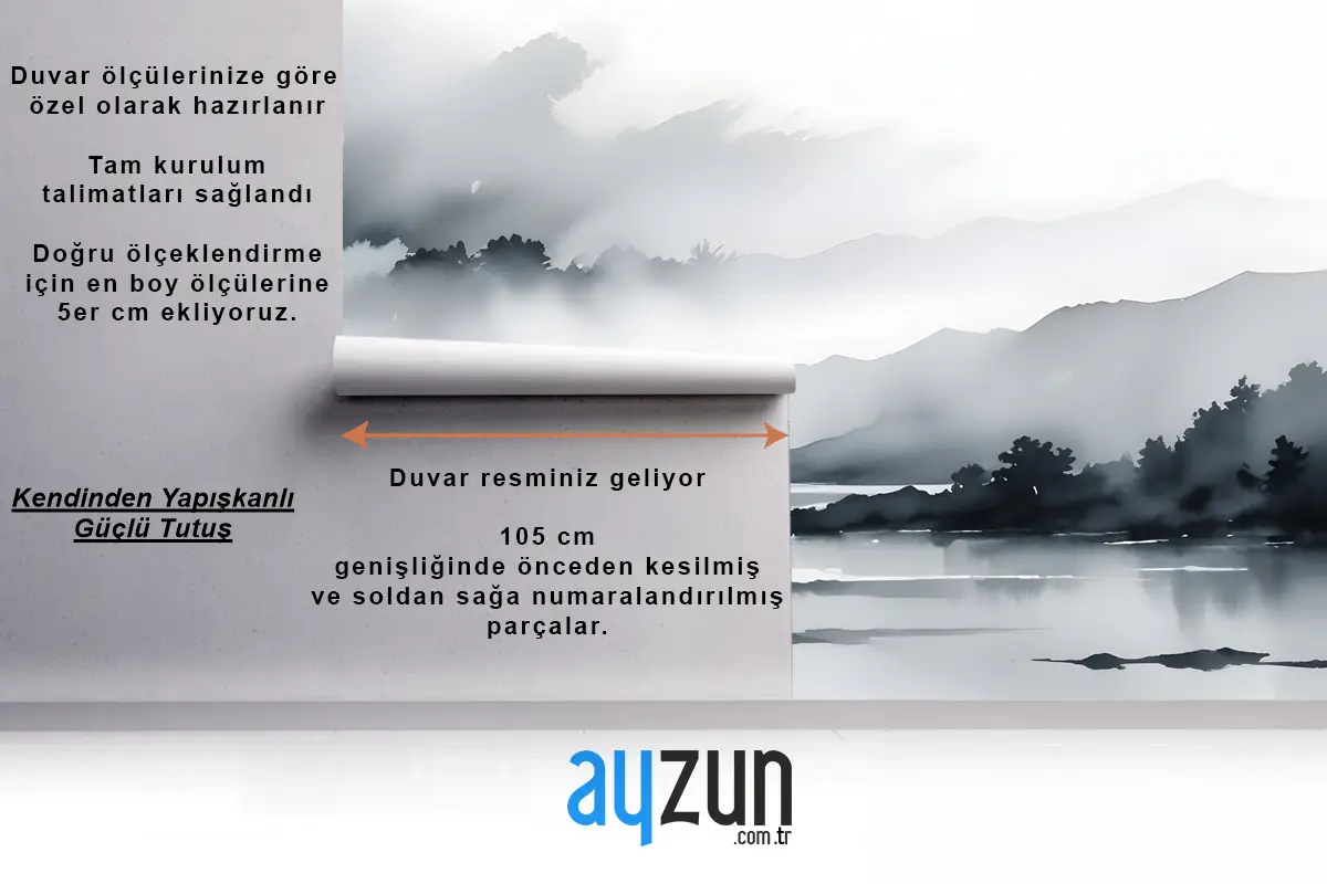 Mavi Gri Suluboya Göl Manzarası Yatak Odası Duvar Kağıdı