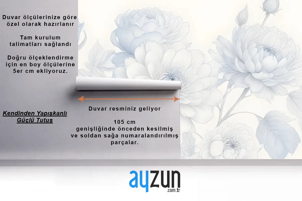 Mavi Büyük Resimli Güller Yatak Odası Duvar Kağıdı