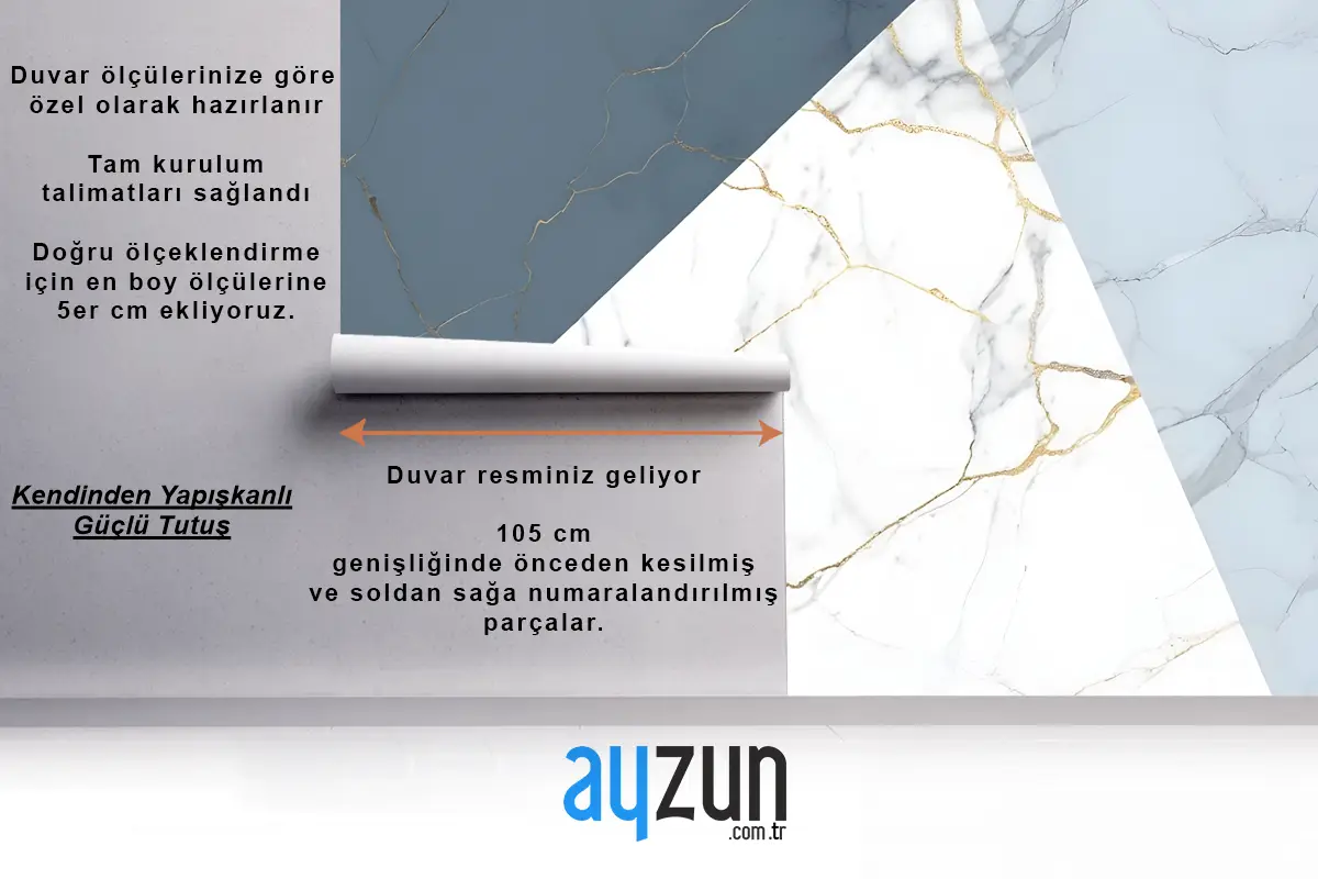 Mavi Mermer Efekti Geometrik Banyo Duvar Kağıdı