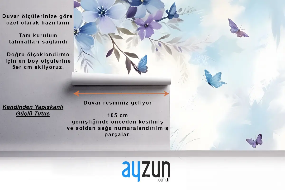 Küçük Kelebekli Mavi Mor Çiçek Duvar Kağıdı