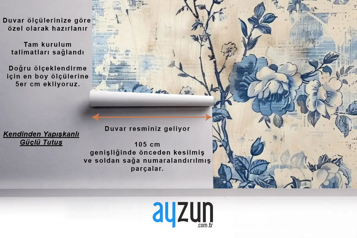 Mavi Beyaz Duvar Kağıdı Duvarında Mavi Beyaz Çiçek Baskısı Var