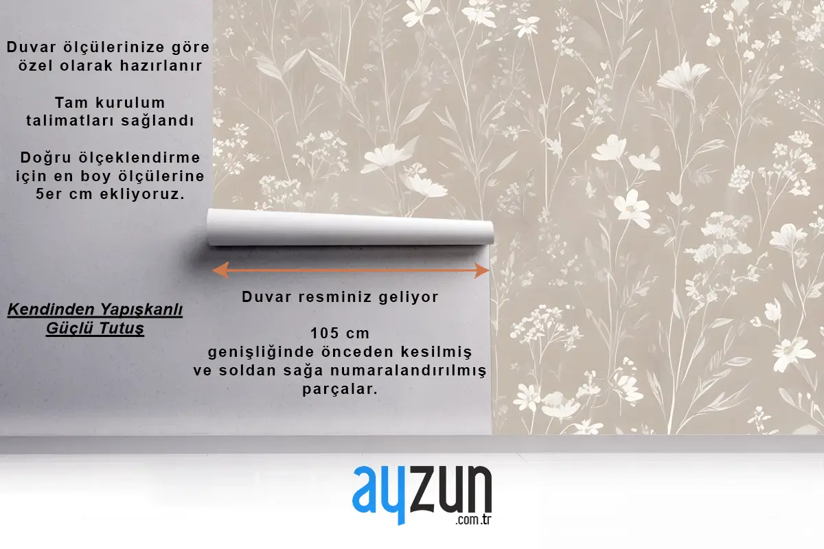 Bohem Stili Nötr Renk Kır Çiçekleri Sanat Duvar Kağıdı 