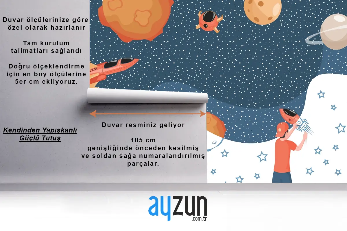 Cosmos Gezegenler Uzay Gemileri Ve Yıldızlar Çizim Çocuk Odası Duvar Kağıdı