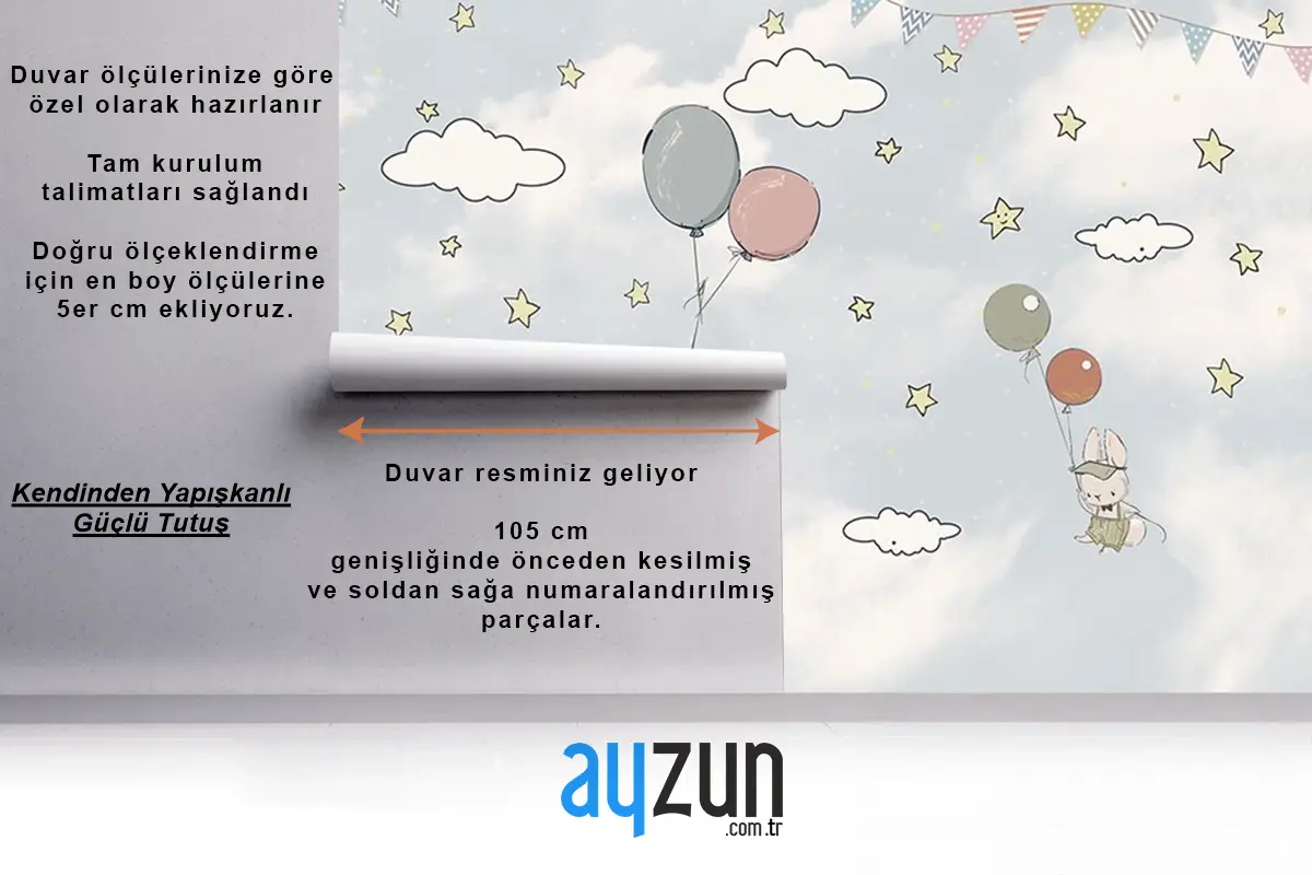 Bulutlar Arasında Balonlar Ve Tavşanlar Çocuk Odası Duvar Kağıdı