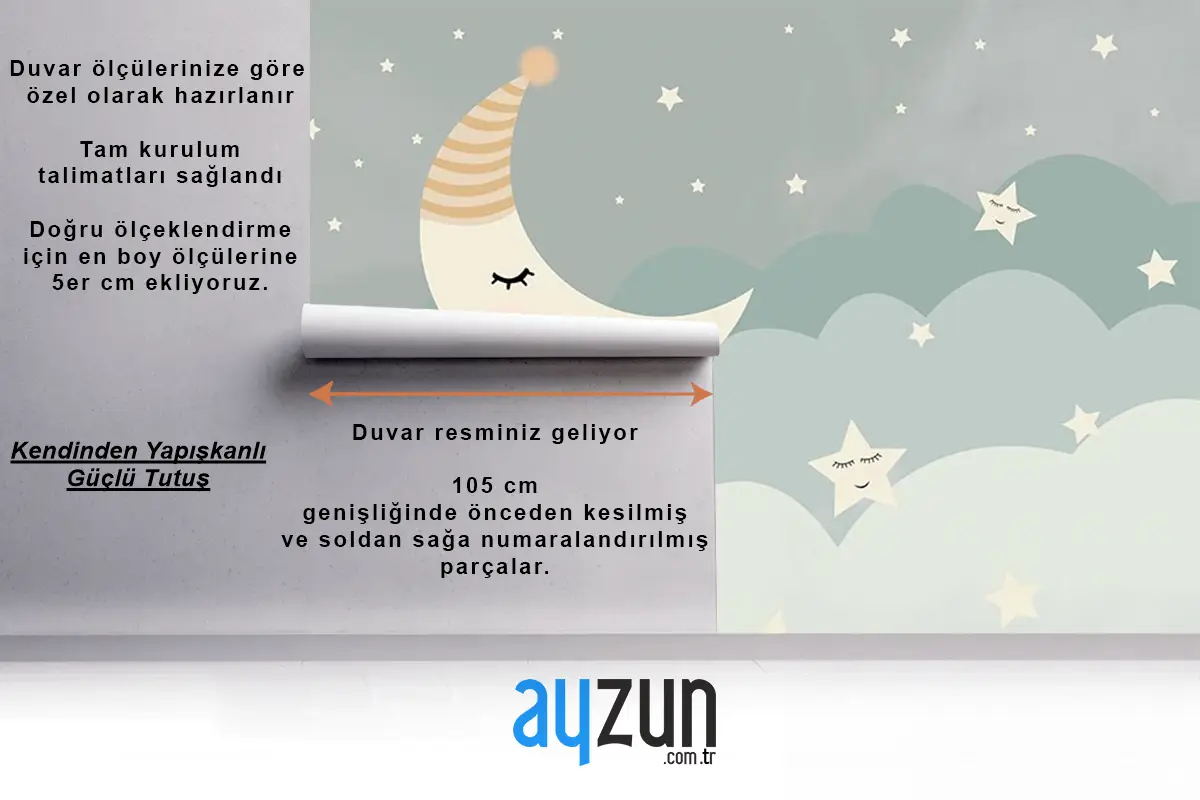 Bulutlar Ay Ve Yıldızlar Çocuk Odası Duvar Kağıdı
