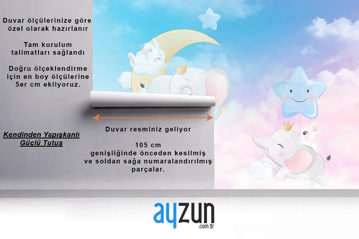 Bulutlar Üzerinde Mutlu Filler Çocuk Odası Duvar Kağıdı