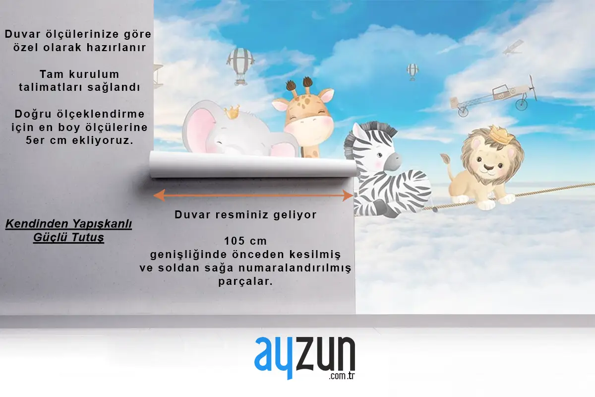 Bulutlar Üzerinde Mutlu Ve Sevimli Hayvanlar Çocuk Odası Duvar Kağıdı