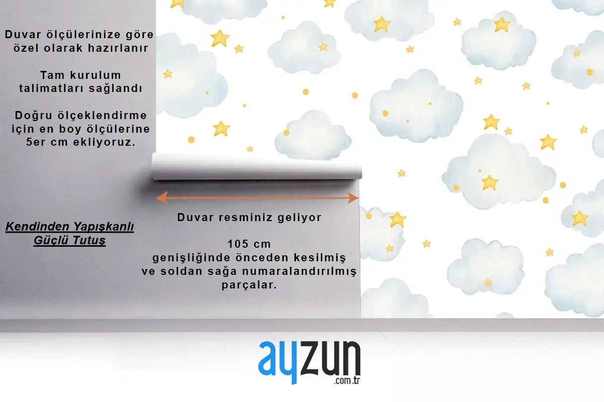 Bulutlu Ve Yıldızlı Çocuk Odası Duvar Kağıdı