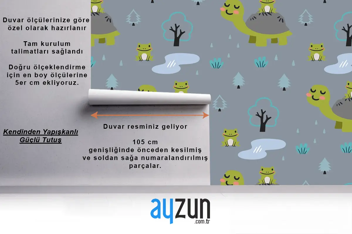 Sevimli Anne Kaplumbağa Ve Kurbağalar Ile Karikatür Hayvanlar Desen Çocuk Odası Duvar Kağıdı