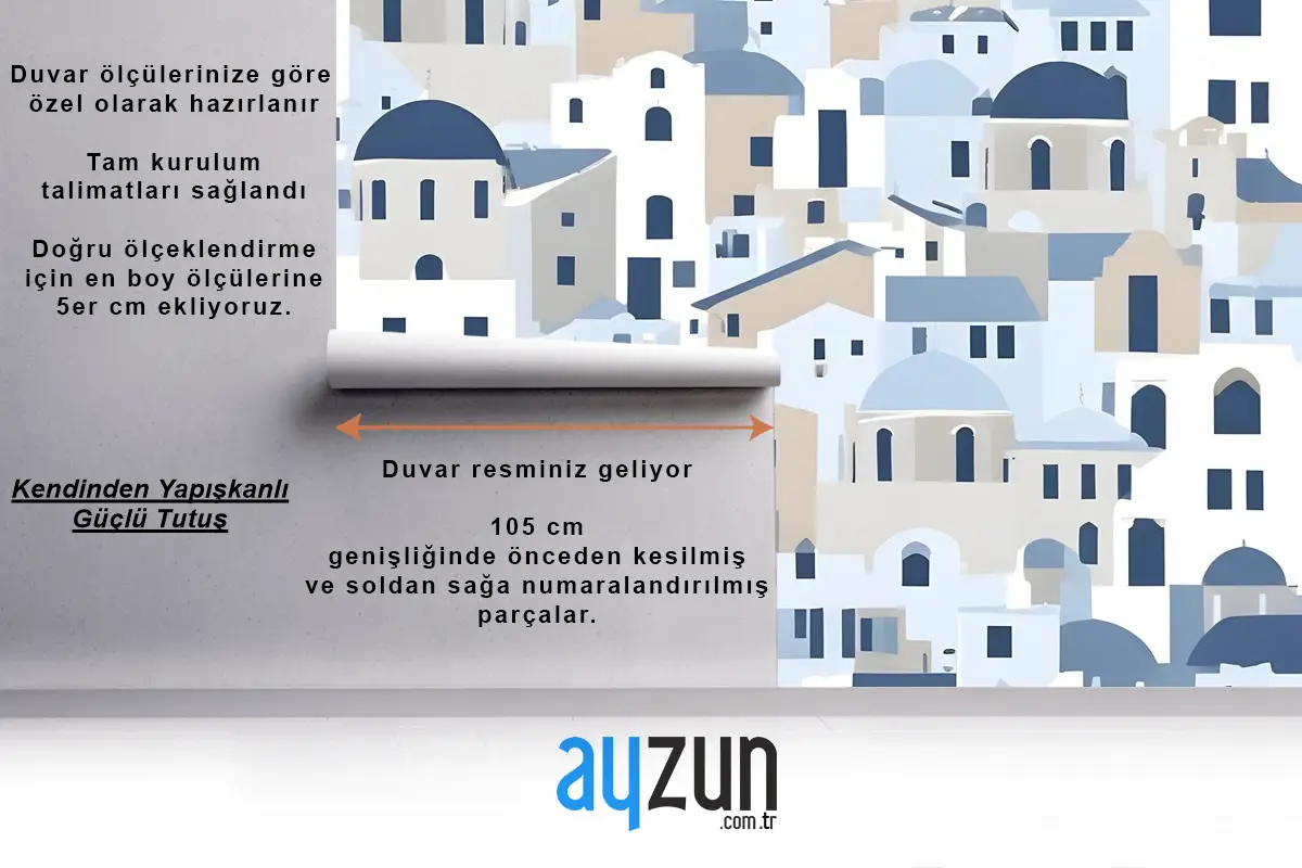 Karikatür Eski Mavi Yunan Evi Çocuk Odası Duvar Kağıdı