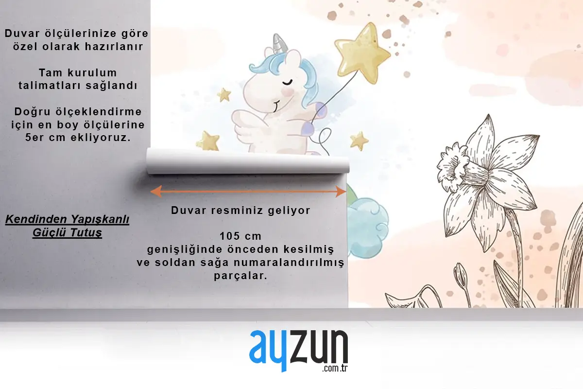 Çiçekler Arasında Unicorn Çocuk Odası Duvar Kağıdı