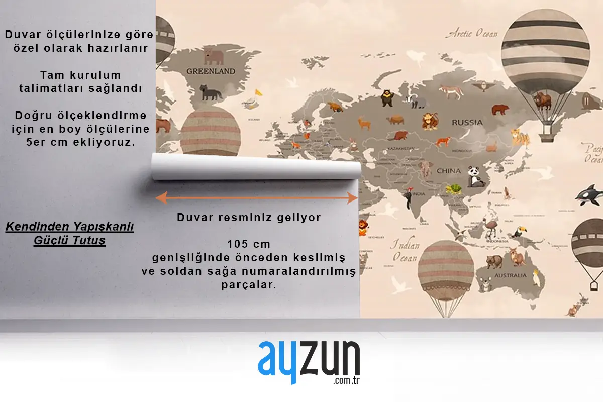 Çocuk Odaları Için Dünya Haritası Ve Balonlar Çocuk Odası Duvar Kağıdı