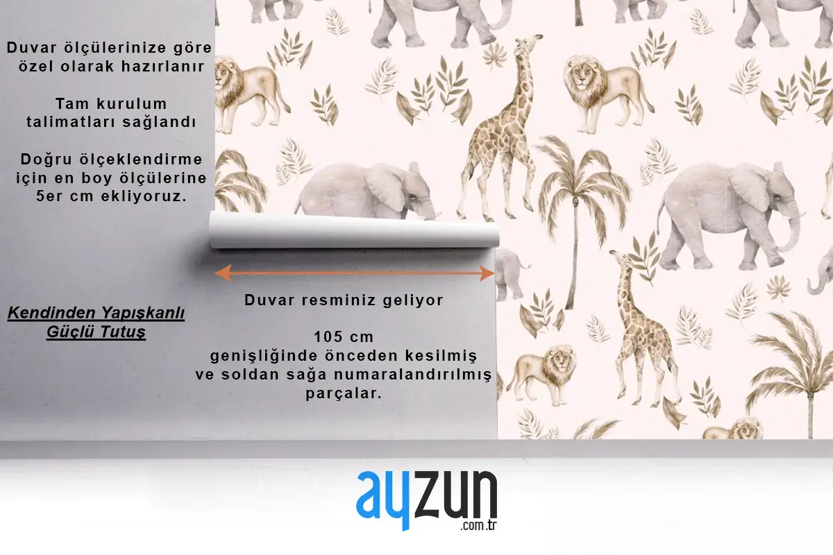 Çocuk Odası Bulutlu Çocuk Odası Duvar Kağıdı Palmiye Ağaçları Ve Safari Hayvanları