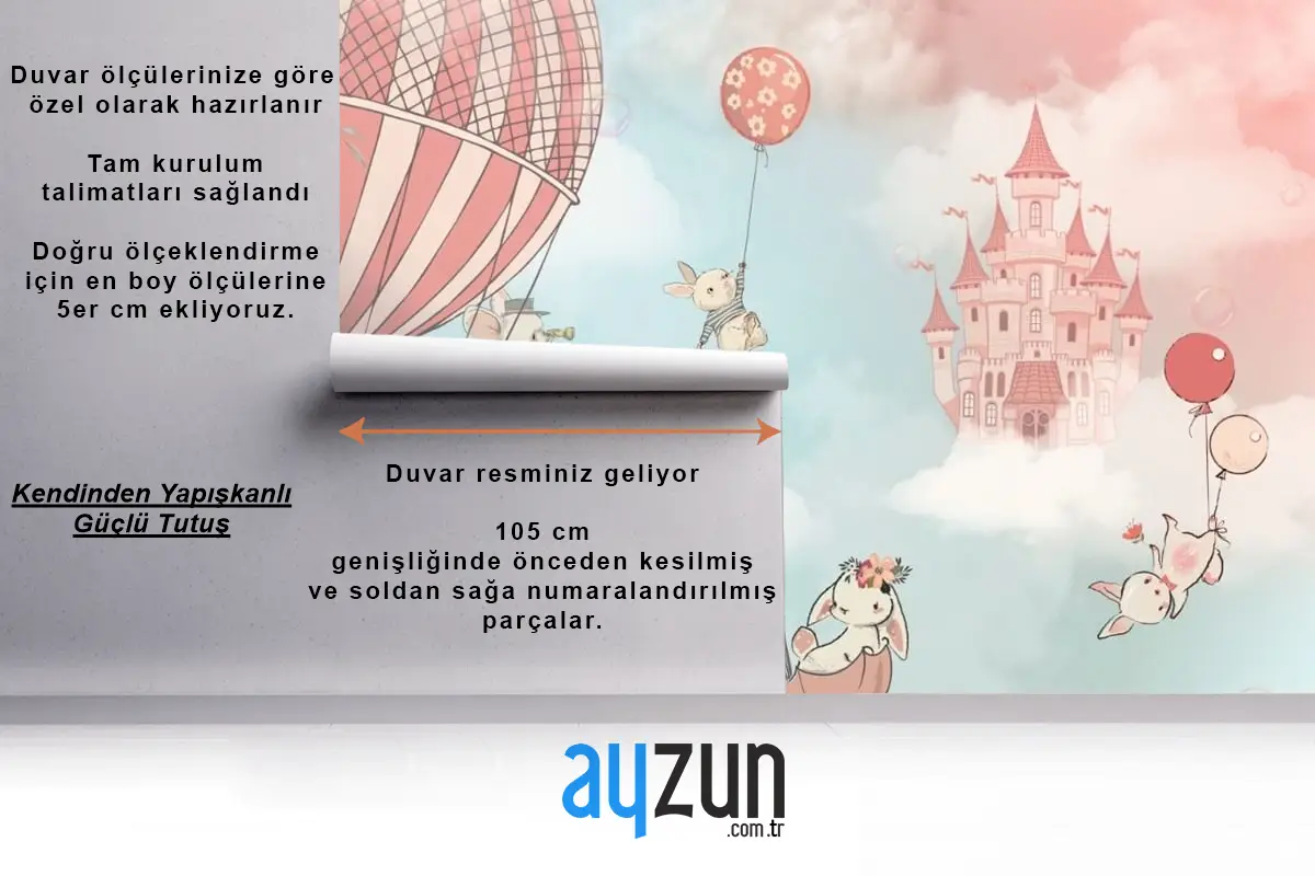 Bulutlu Çocuk Odası Duvar Kağıdı Gökyüzündeki Sevimli Hayvanlar