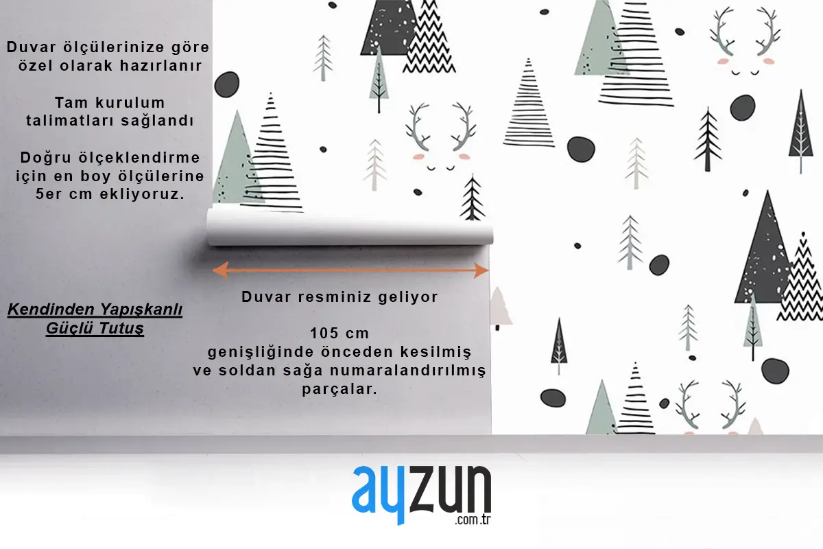 Çam Ağaçları Beyaz Arka Plan Çocuk Bebek Odası Duvar Kağıdı