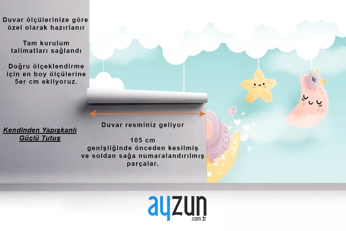 Çocuk Odası Duvar Kağıdı Bulut Üzerinde Sevimli Hayvanlar