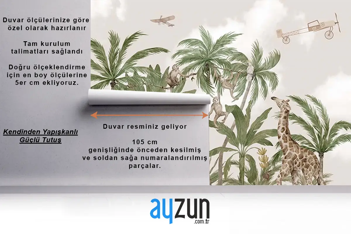 Çocuk Odası Duvar Kağıdı Safari Hayvanları Ve Tropikal Ağaçlar