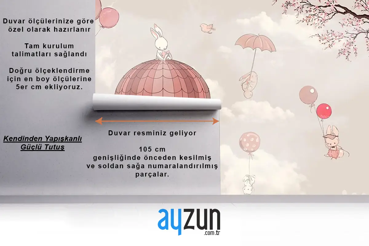 Çocuk Odası Duvar Kağıdı Uçan Balonlar Ve Sevimli Tavşanlar