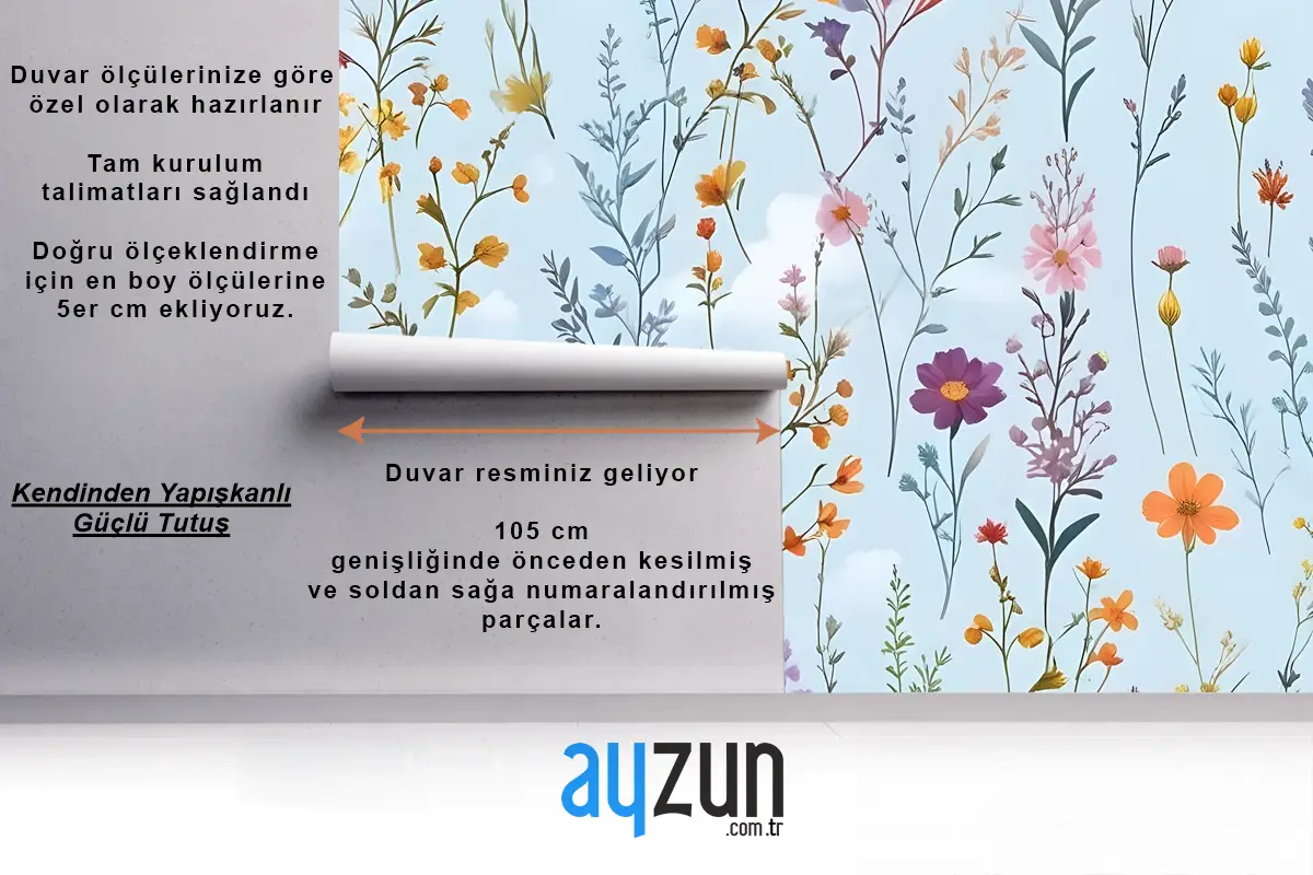 Renkli Çiçekler Mavi Duvar Kağıdı 