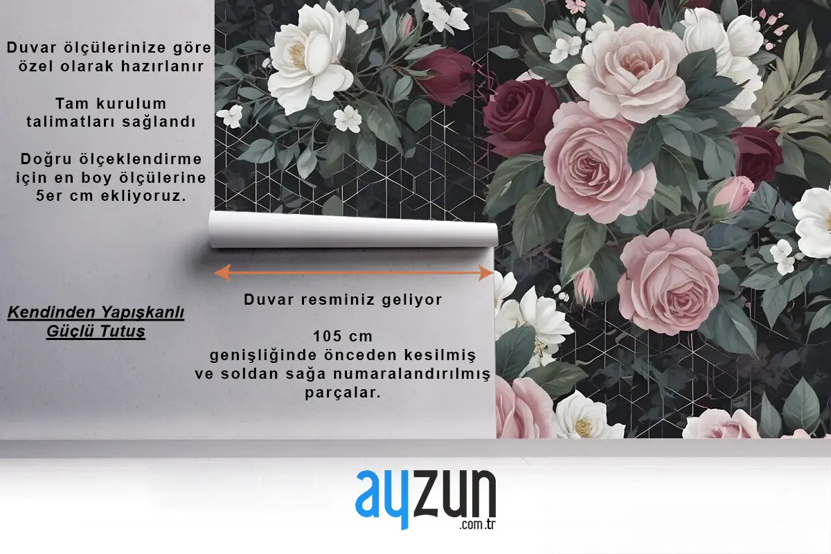 Koyu Geometrik Desenli Renkli Çiçek Duvar Kağıdı