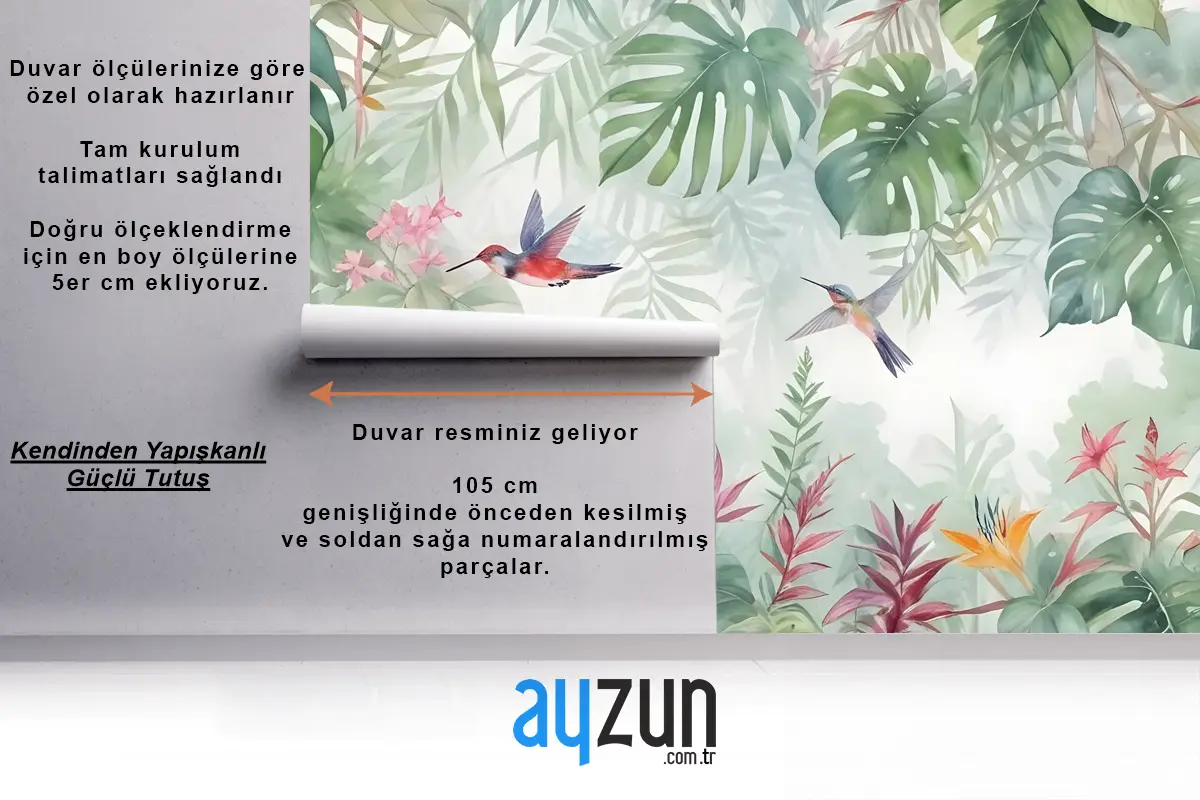 Küçük Kuşlar Duvar Kağıdı  Ile Renkli Tropikal Egzotik Kaktüs Çiçek