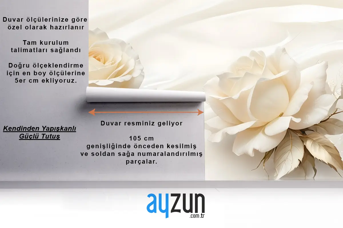 Krem Gül Çiçek Su Desenli Duvar Kağıdı