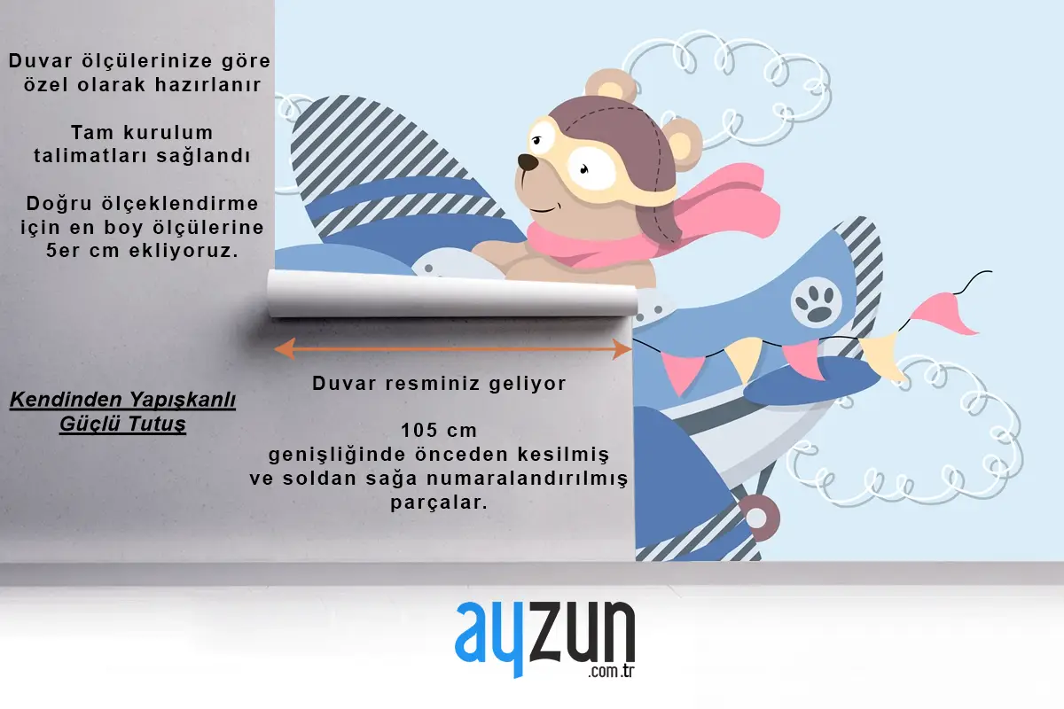 Aviator Gözlüklü Sevimli Karikatür Ayıcık Vintage Uçakta Uçan Deri Kask Ve Eşarp Çocuk Odası Duvar Kağıdı