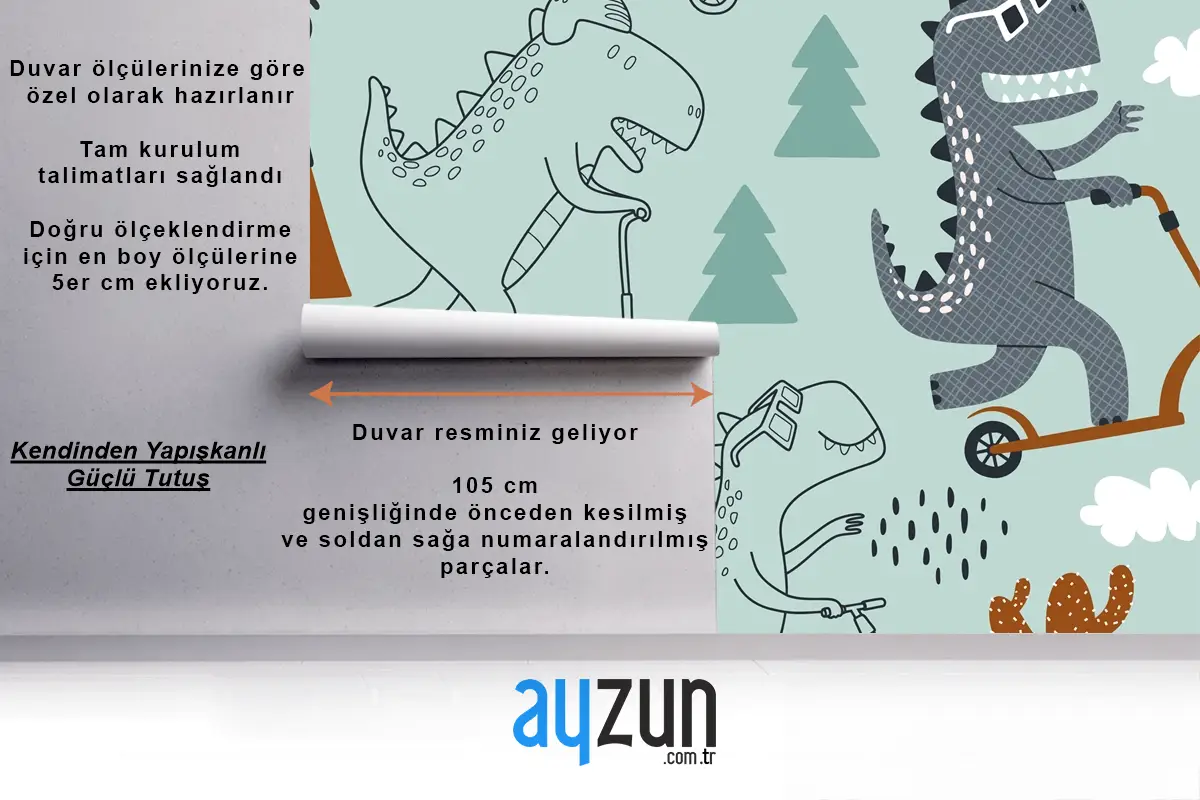 Sevimli Dinozor Scootera Biniyor Çocuk Odası Duvar Kağıdı