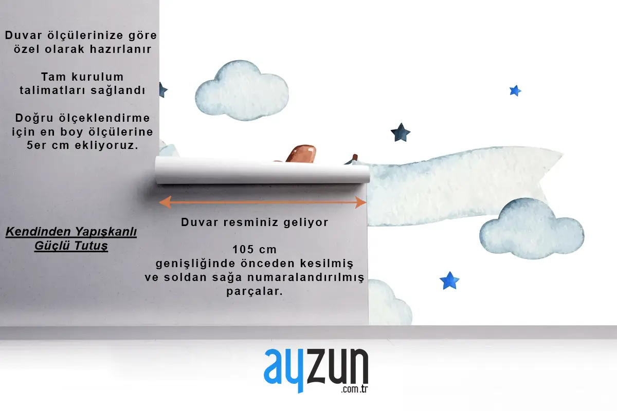 Hava Uçağı Bulutları Ve Yıldızlarla Sevimli Suluboya Gökyüzü Sahnesi Çocuk Odası Duvar Kağıdı