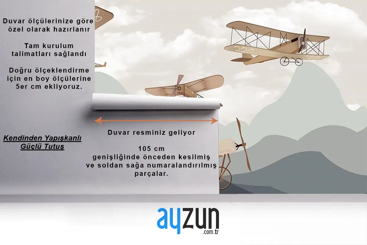 Dağlar Ve Kanatlı Uçaklar Çocuk Odası Duvar Kağıdı